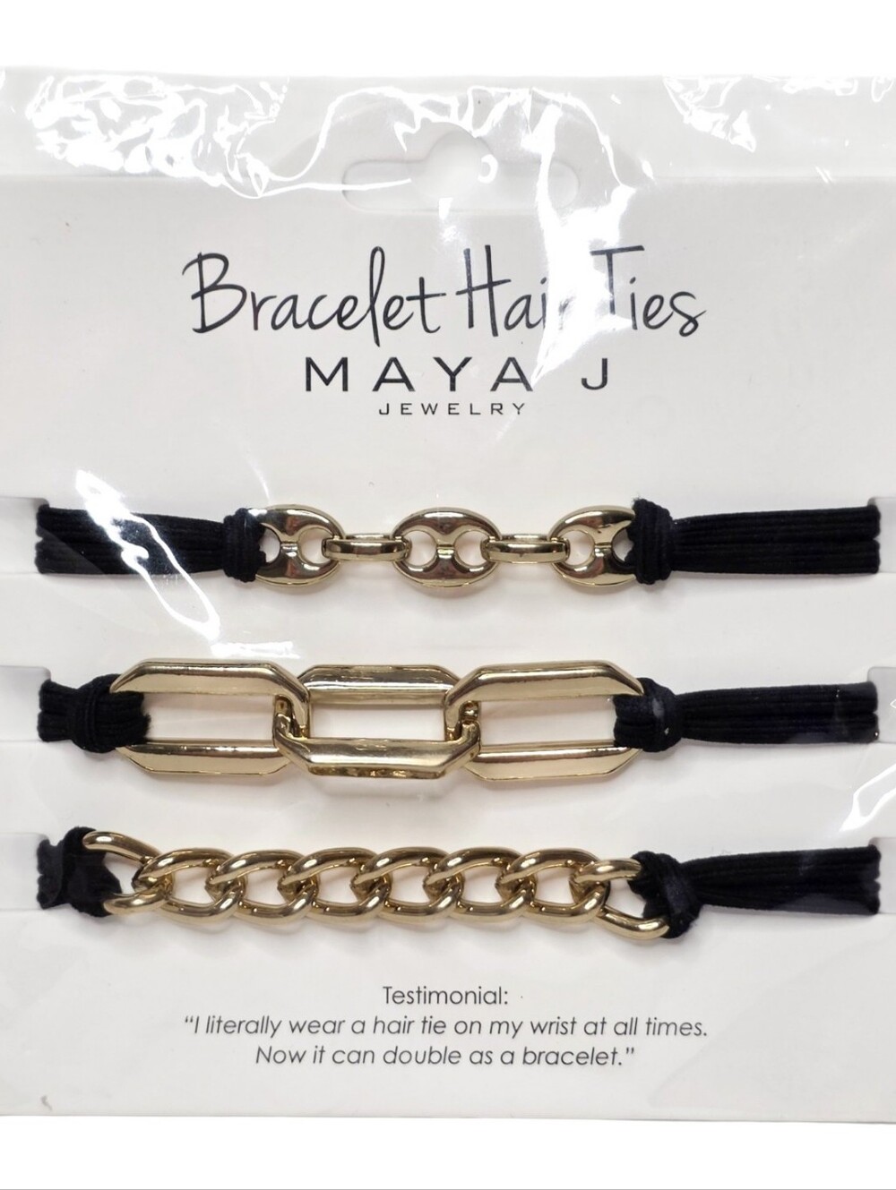 Bracelet Hair Ties By Maya J Jewelry Set Of 3 Black Stretch Band & Gold Chains - Picture 2 of 3